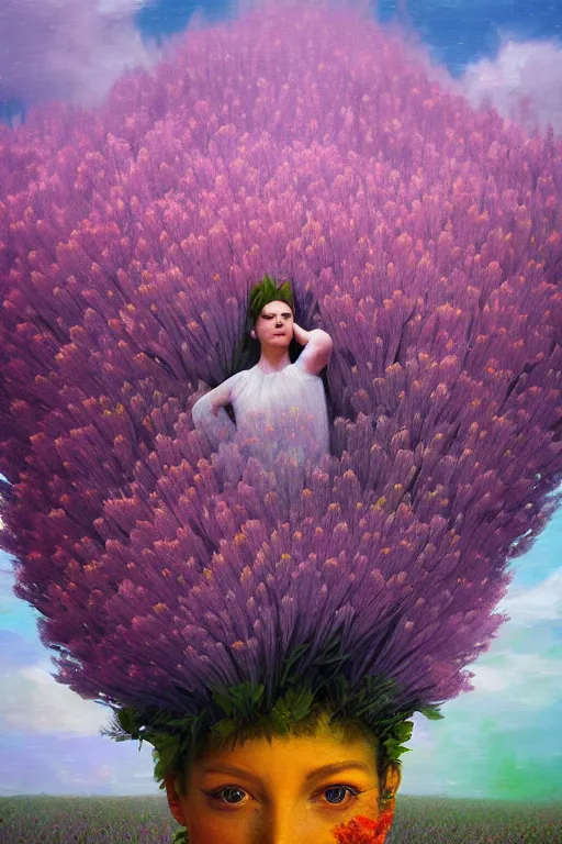 Prompt: closeup, huge flowers as head mohawk, woman in heather field, surreal photography, starlight, storm clouds, impressionist painting, digital painting, artstation, simon stalenhag
