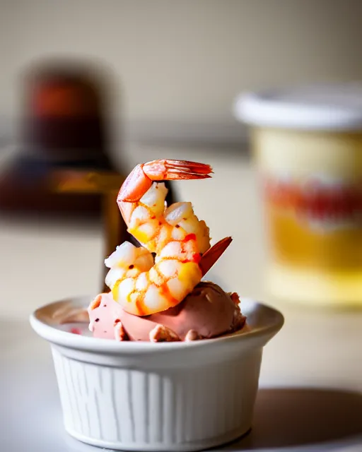 Prompt: dslr food photograph of an ice cream desert with a shrimp on. 8 5 mm f 1. 4