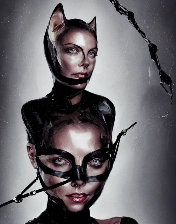 Image similar to portrait of charlize theron as a catwoman. intricate abstract. intricate artwork. by tooth wu, wlop, beeple, dan mumford. octane render, trending on artstation, greg rutkowski very coherent symmetrical artwork. cinematic, hyper realism, high detail, octane render, 8 k, iridescent accents.