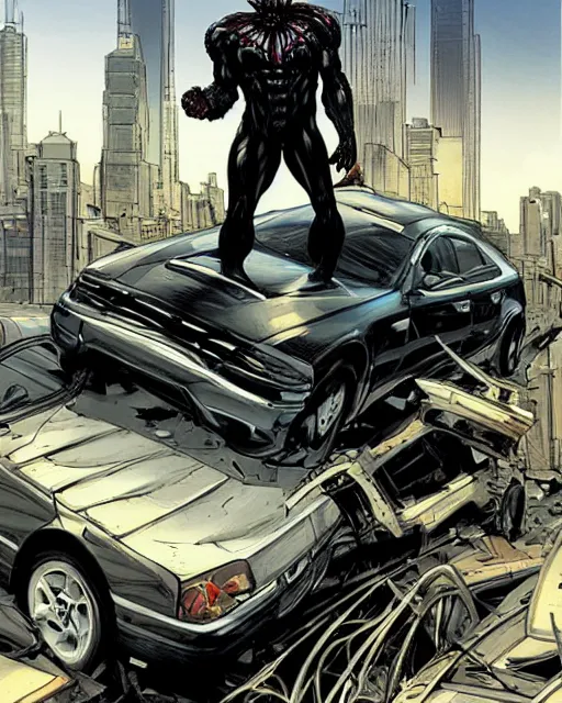 Prompt: a portrait of Venom standing on top of a wrecked car in the city art by Clayton Crain, Javier Garron and Gerardo Sandoval