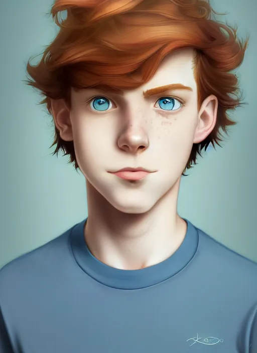 Prompt: art nouveau portrait of a teen boy with completely straight auburn hair, light blue eyes, pale skin, freckles, sad expression, t - shirt, modern casual clothing, natural lighting, path traced, highly detailed, high quality, cartoon, digital painting, by don bluth and ross tran and studio ghibli