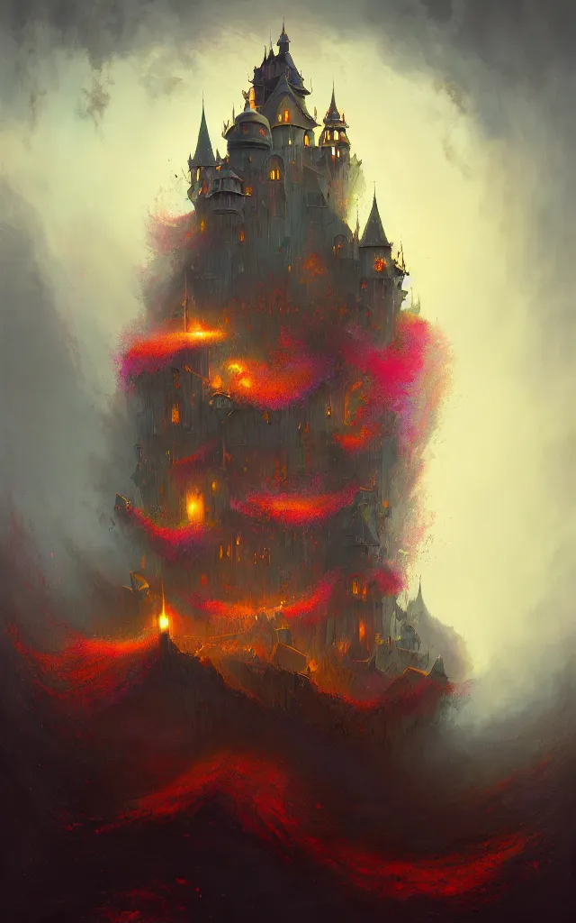 Image similar to a beautiful dark vintage abstract castle by Raja Ravi Varma and Gediminas Pranckevicius, trending on ArtStation, by Sam Spratt, explosion of colors, white spirit