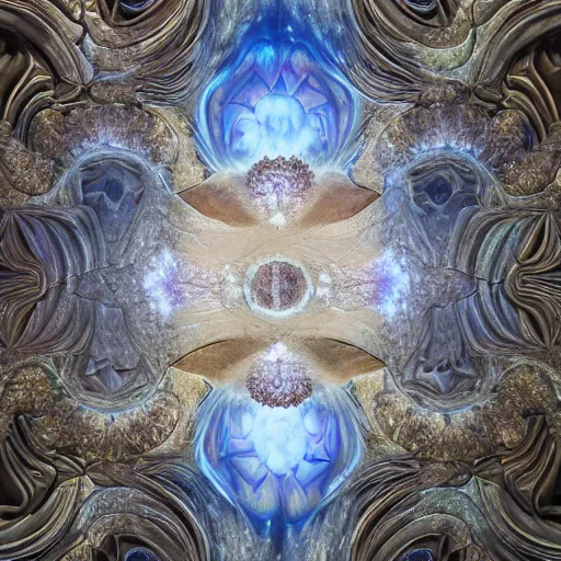 Image similar to a beautiful 3 d painting of a huge sprawling fractal cathedral interior populated by mandelbrot fractals by android jones, unreal engine, carved stone, carved soap, white color scheme, volumetric lighting, octane render, dramatic lighting, glowing, carved marble, opalescent, sacred geometry, religious, angelic, catholicpunk, stark, trending on artstation