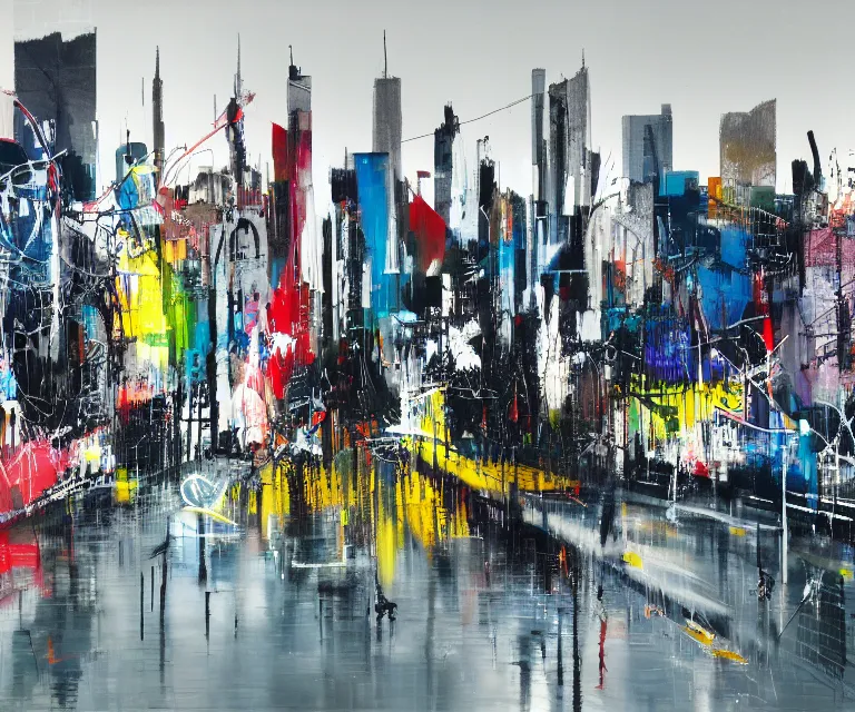 Image similar to acrylic and spraypaint of a metropolitan cityscape at night with wet pavement and reflections, painting, paint drips, acrylic, clear shapes, spraypaint, smeared flowers, origami crane drawings, oil pastel gestural lines, large triangular shapes, painting by ashley wood, basquiat, jeremy mann, masterpiece