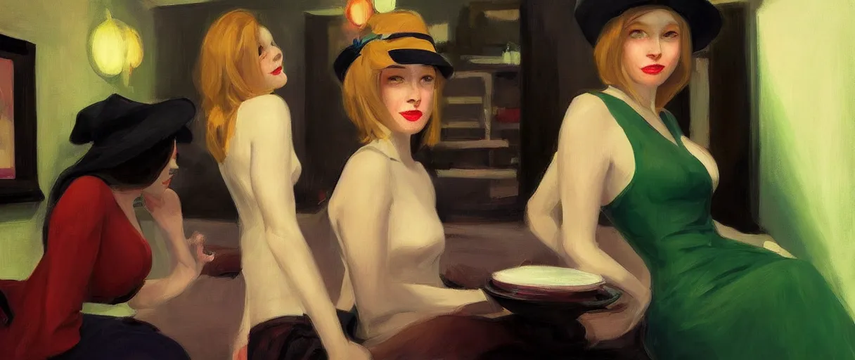 Image similar to a realistic flirty witch sisters portrait, by edward hopper, new artstation artist,