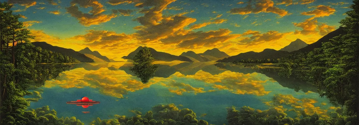 Image similar to escher painting of a lake, big trees reflecting on lake surface, mountains at background, an ufo in the air, fluffy clouds, sunset, yellow, green, red, snowy, ultra sharp, ultra detailed, happy, uplifting, colorized by salvador