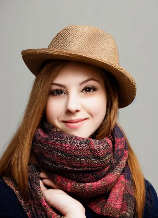 Prompt: portrait of a 2 3 year old woman, symmetrical face, scarf and fedora, she has the beautiful calm face of her mother, slightly smiling, ambient light