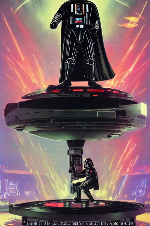 Image similar to darth vader dj standing on a giant science fiction turntable at a rave on the deathstar, syd mead, dynamic lighting, digital art, winning award masterpiece, fantastically beautiful, illustration, dan mumford, moebius, trending on artstation, 8 k