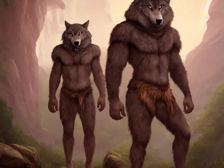 Image similar to burly tough character feature portrait of the anthro male anthropomorphic wolf fursona animal person wearing tribal primitive caveman loincloth outfit full wolf fur body standing in the entrance to the cave, center framed character design stylized by charlie bowater, ross tran, artgerm, makoto shinkai, detailed, soft lighting, rendered in octane