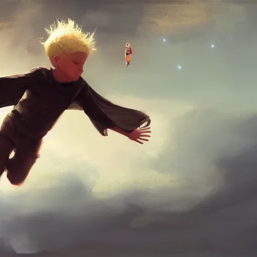 Prompt: blonde boy wearing a brown cape and flying in t pose, space background, oil painting, brush strokes, greg rutkowski