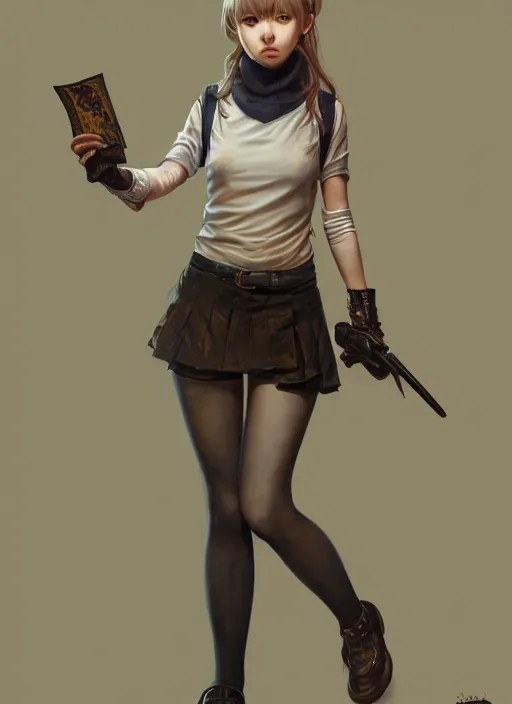 Image similar to portrait of a full body of beautiful young female detective, d & d, sleeveless turtleneck, fantasy, flat lighting, intricate, highly detailed, digital painting, artstation, concept art, smooth, sharp focus, illustration, misa amane, art by simon bisley and greg rutkowski and alphonse mucha, natural tpose