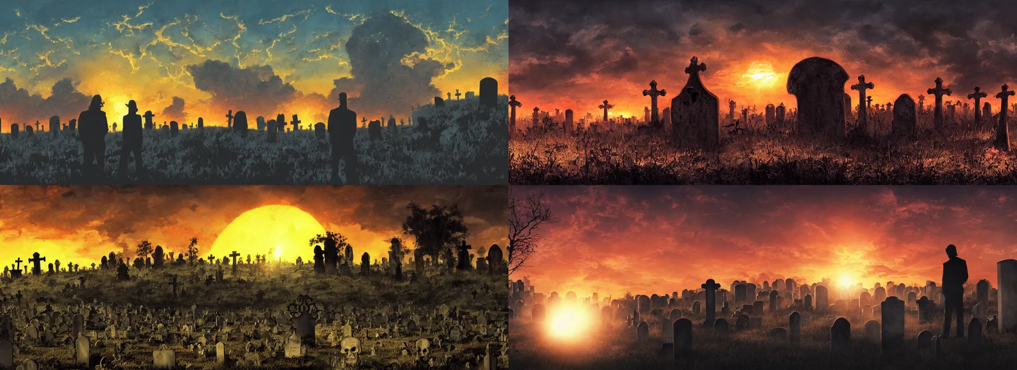 Prompt: backlit graveyard with skulls on the ground ,backlight , silhouette of a man watching nuclear explosion , sunset panorama by frazetta