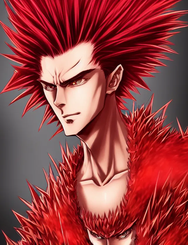 Image similar to a detailed manga portrait of a handsome tall man with spiked crimson hair in fiery crimson crystalline armour, trending on artstation, digital art, 4 k resolution, detailed, high quality, sharp focus, hq artwork, coherent, insane detail, character portrait