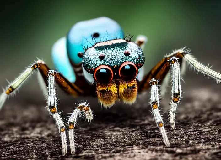 Prompt: super macro of a glass spider with big eyes and wings, sitting on a flower in the forest. Fantasy magic style. Highly detailed 8k. Intricate. Nikon d850 300mm. Award winning photography.