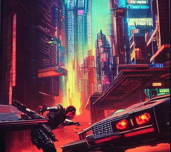 Image similar to a portrait of a cyberpunk epic Friday night firefight, Night City, cyberpunk 2077, very very coherent painting, 1979 OMNI Magazine Cover, street level neo-Tokyo in Cyberpunk 2045 style by Vincent Di Fate by mark arian by artgerm in the style of ((Gustave Dore)), 4k, 8k, HD, trending on artstation