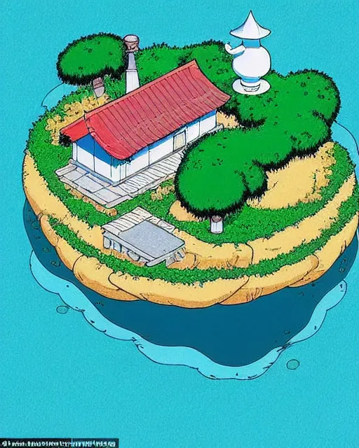 Image similar to kame house is a house on a very small island in the middle of the sea. it is the home of master roshi, and, for much of the dragon ball series, award winning animation by studio ghibli