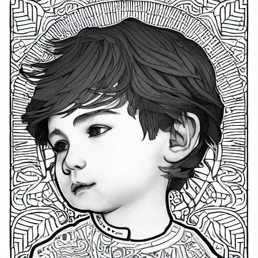 Image similar to clean simple line art of a little boy with short hair. no background. plain white background. well composed, clean coloring book page, beautiful detailed face. coloring book line art by greg rutkowski and johanna basford and alphonse mucha