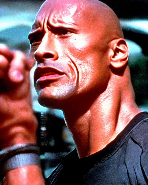 Prompt: Film still close-up shot of Dwayne Johnson in the movie Terminator 2. Photographic, photography