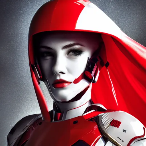Prompt: headshot of an beautiful female soldier in futuristic intricate glossy sleek white armor with tiny red details and a long red cape, downward angle, determined expression, no helmet, on the surface of mars, night time, cinematic, sci-fi, hyperrealistic