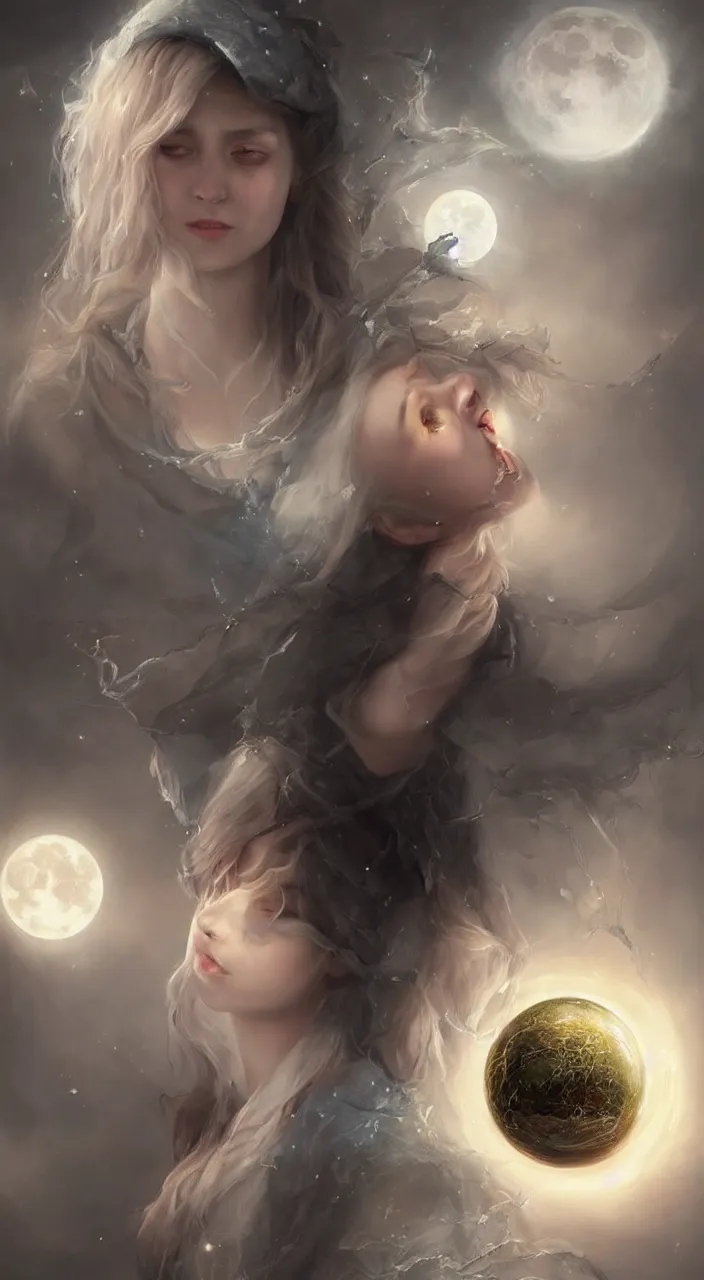 Prompt: a beautiful young witch with a crystal ball, a moon in the sky above, painted by artgerm and tom bagshaw, fantasy art, dramatic lighting, highly detailed oil painting, volumetric lighting