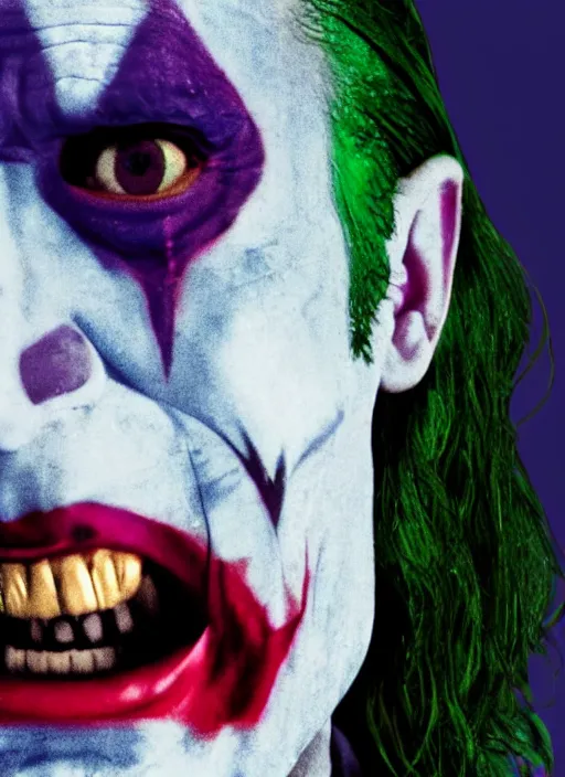 Prompt: film still of Jared Leto as The Joker in The Dark Knight, 4k