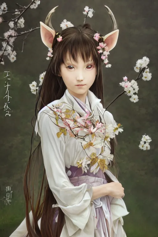 Image similar to Anthro Portrait of japanese white tailed deer girl, D&D, dark fantasy, anthro portrait, sakura blooming on background, intricate, elegant, deer portrait, highly detailed, digital painting, artstation, concept art, smooth, sharp focus, maybe some llama, illustration, art by artgerm and greg rutkowski and alphonse mucha, daily deviation, masterpiece