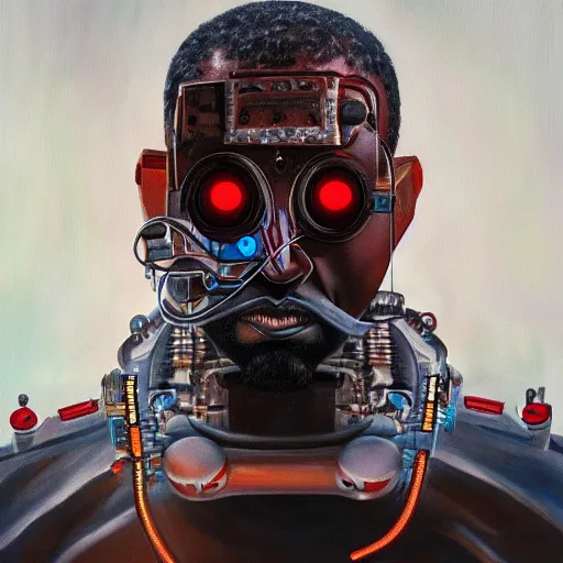 Image similar to a realistic oil painting of a cybernetic kanye west cyborg, surrealism portrait, post apocalyptic album cover