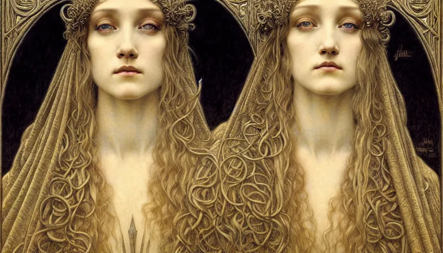 Image similar to detailed realistic beautiful young medieval queen face portrait by jean delville, gustave dore and marco mazzoni, art nouveau, symbolist, visionary, gothic, pre - raphaelite. horizontal symmetry