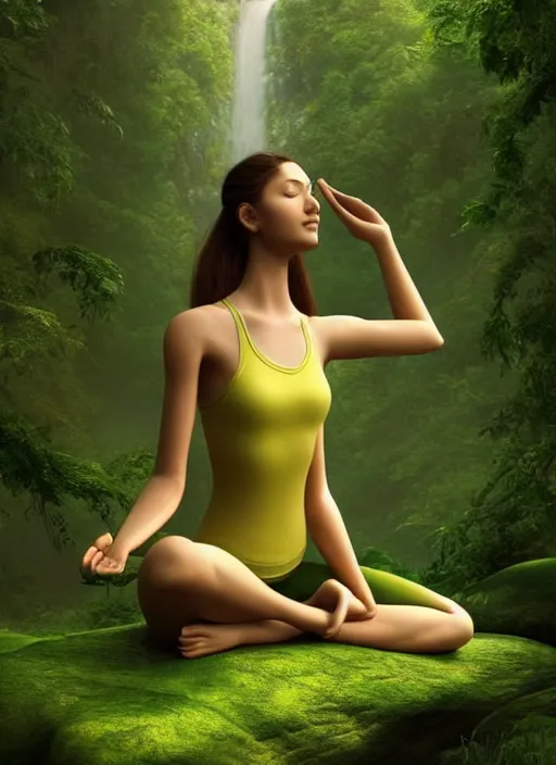 Prompt: young woman sitting in yoga pose : : green - gold nature in forest : : weta disney pixar movie still photo : : decadent highly - detailed digital painting, full length shot, golden ratio, octane render, artstation, smooth, sharp focus, artgerm, mucha, loish, wlop, gogo