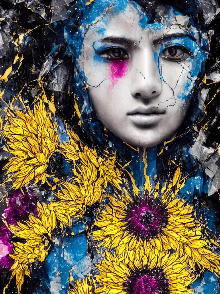 Image similar to symmetrical painting of a fractured dark obsidian greek statue of asian female beauty, yellow gemstones spikes, crystallic sunflowers, lightblue dripping acrylic paint and magenta tar, repaired with kintsugi, rendered in octane trending on cgsociety. extremely detailed and intricate art, corruption, sleek