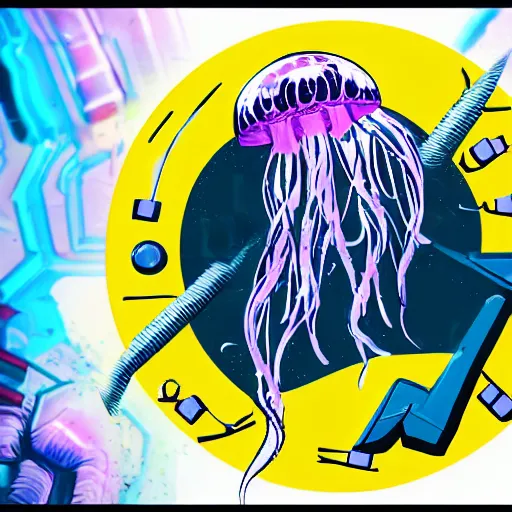 Image similar to a logo for a TV show about jellyfish fighting cry in a cyberpunk setting in the future