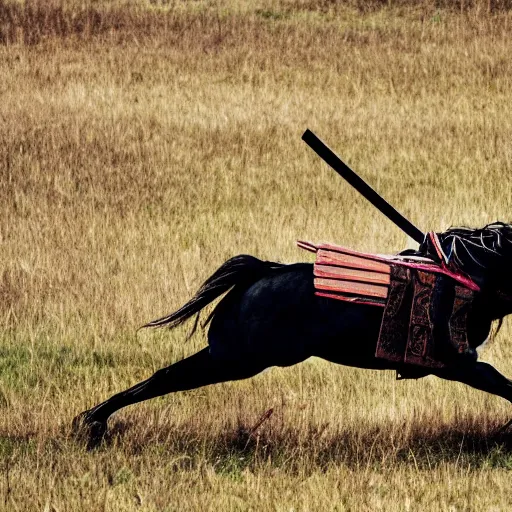 Prompt: HD photo of a samurai sprinting across a field. dynamic pose