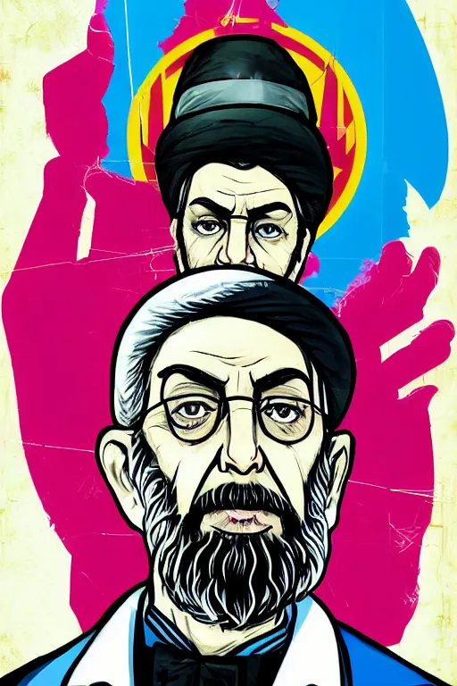 Prompt: khamenei, with quotes : destroy destroy america, pointing index finger, delete duplicating content, delete disable content, delete irregular content, hyperrealistic anatomy content, violet polsangi pop art, gta chinatown wars art style, extreme quality masterpiece, bioshock infinite art style, incrinate, 2 color, white frame, content balance proportion