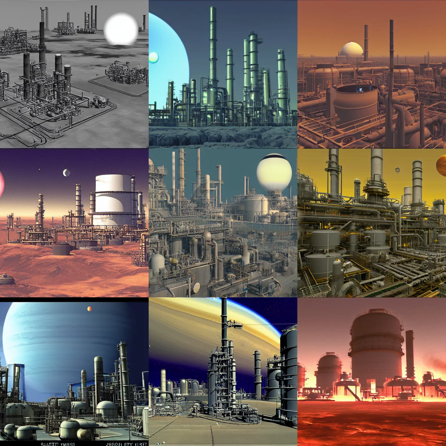 Prompt: robots working in a gigantic methane refinery on titan, with saturn in the sky, ps 1 graphics