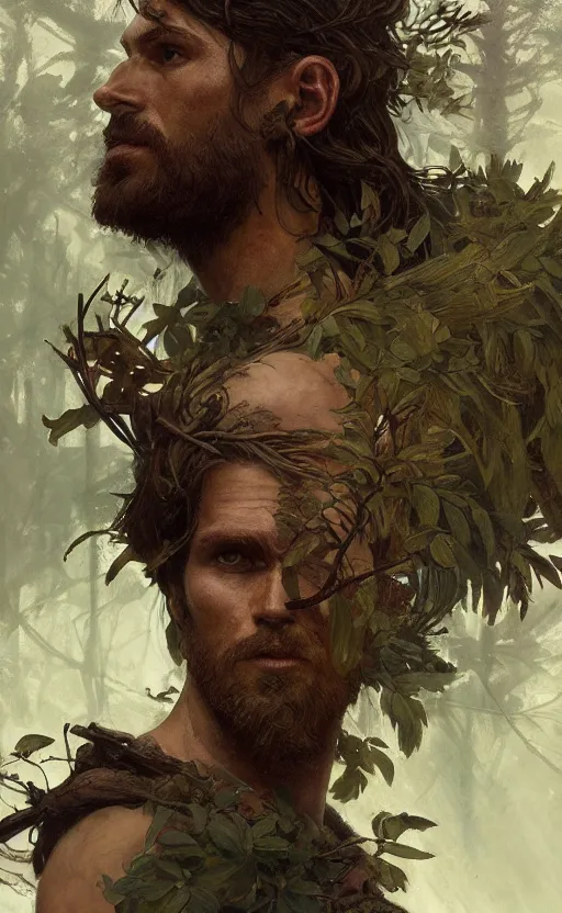 Image similar to god of the forest, 3 0 years old, rugged, handsome, male, detailed face, clean lines, atmospheric lighting, amazing, full body, flowers, muscular, intricate, highly detailed, digital painting, artstation, concept art, sharp focus, illustration, art by greg rutkowski and alphonse mucha