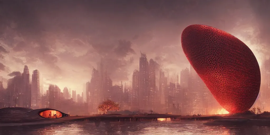 Image similar to An epic architectural rendering of a blob shaped trypophobia house with a mysterious red glow emitting from inside in a modern cityscape next to a river, by Zaha Hadid and Martin Johnson Heade and Greg Rutkowski, stunning, gorgeous, golden ratio, photorealistic, featured on artstation, 4k resolution