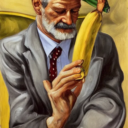 Prompt: portrait of sigmund freud smoking a cig and holding a banana, freudian, symbolic, by lucian freud and neo rauch