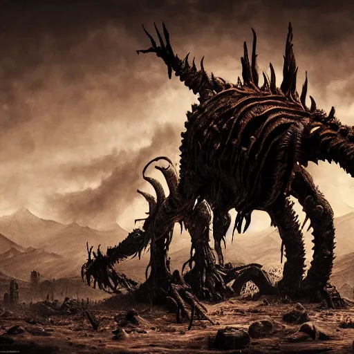 Image similar to photorealistic eldritch deathclaw in a post apocalyptic wasteland in the style of michael whelan and gustave dore. hyperdetailed photorealism, 1 0 8 megapixels, amazing depth, high resolution, 3 d shading, 3 d finalrender, 3 d cinematic lighting, glowing rich colors, psychedelic overtones, artstation concept art.