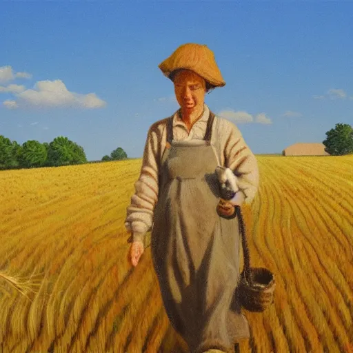 Prompt: cat farmer, walking in the wheat field, nature landscape on the background, sharp deep, oil art