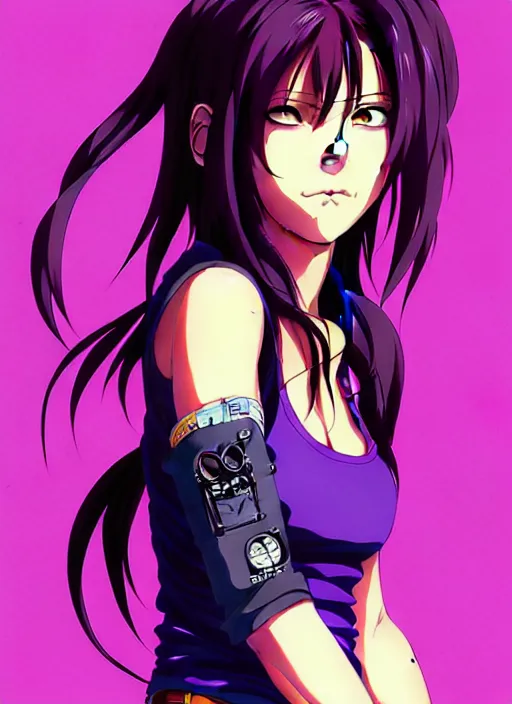 Image similar to revy black lagoon, purple hair, black tank top, jean shorts, tribal sleeve left arm, portrait shinkai makoto, studio ghibli, studio key, madhouse anime studio, artgerm, lau rossdraws james jean marc simonetti pixiv