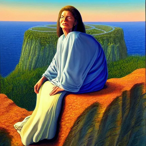 Prompt: a painting of a woman sitting on a cliff, a character portrait by barclay shaw, cg society, fantastic realism, official art, 1 9 9 0 s, academic art