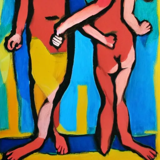 Image similar to two girls holding hands while watching the world burn, done in the style of matisse, caravaggio, basquiat, akseli gallen kallela, highly detailed, 4 k