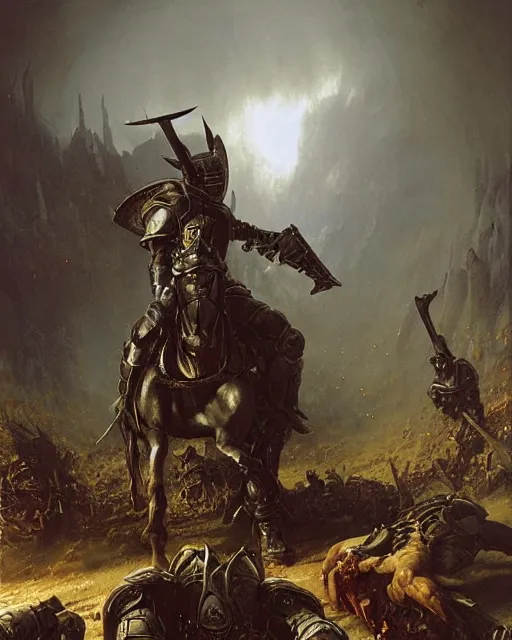 Prompt: a heavily armoured death knight standing in a battlefield of fallen warriors, by thomas cole and wayne barlowe