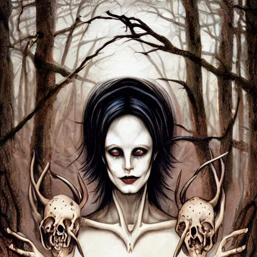 Image similar to an epic horrific wiccan gothic painting of a mother - nature witch cult woman wearing a deer skull, in a moonlit forest by gerald brom by junji ito by vanessa lemen by charlie bowater