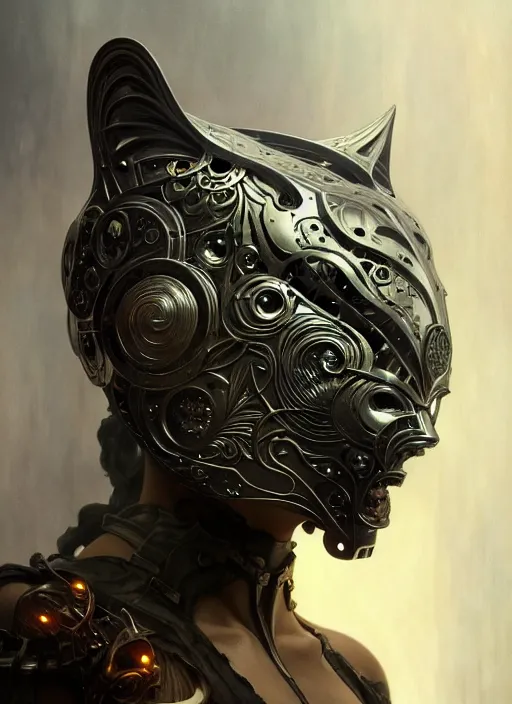 Image similar to organic cyborg, wolf mask opening, diffuse lighting, fantasy, intricate, elegant, highly detailed, lifelike, photorealistic, digital painting, artstation, illustration, concept art, smooth, sharp focus, art by John Collier and Albert Aublet and Krenz Cushart and Artem Demura and Alphonse Mucha