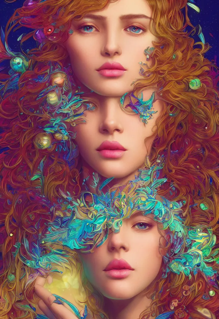 Prompt: beautiful, young woman, detailed gorgeous face, vaporwave aesthetic, synthwave, colorful, psychedelic, crown, water drops and feathers, artstation, concept art, smooth, extremely sharp detail, finely tuned detail, ultra high definition, 8 k, unreal engine 5, ultra sharp focus, illustration, art by artgerm and greg rutkowski and alphonse mucha