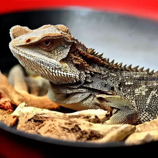 Prompt: bearded dragon basking in a frying pan