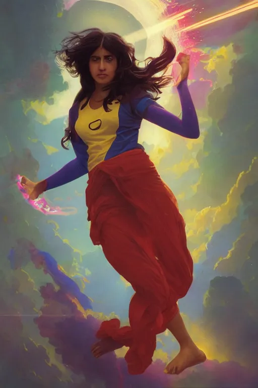 Image similar to A Full View portrait of Kamala Khan, Iman Vellani, filled with wonder. MCU. Hyper color. Vapor Wave Vibes. masterpiece 4k digital illustration by Ruan Jia and Mandy Jurgens and Artgerm and greg rutkowski and Alexander Tsaruk and WLOP and william-adolphe bouguereau, award winning, Artstation, art nouveau aesthetic, Alphonse Mucha background, intricate details, realistic, panoramic view, Hyperdetailed, 8k resolution, intricate art nouveau