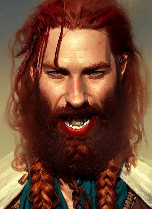 Prompt: portrait of a young ruggedly handsome but joyful pirate, male, masculine, full body, red hair, long hair, braided beard, d & d, fantasy, intricate, elegant, highly detailed, digital painting, artstation, concept art, matte, sharp focus, illustration, art by greg rutkowski