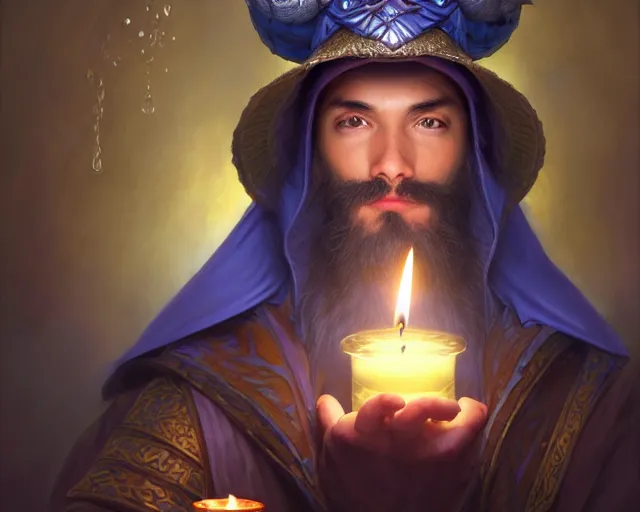 Prompt: a mind - blowing portrait of a fortune seeker male, holding a candle holder, wearing a silly hat, aquatic clothing, intelligent, deep focus, d & d, fantasy, intricate, elegant, highly detailed, digital painting, artstation, concept art, matte, sharp, illustration, hearthstone, art by artgerm and greg rutkowski and alphonse mucha